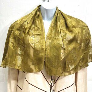 Luciano Soprani Scarf  Silk chiffon 35" x35" Olive Gold metalic Logo Print(35)